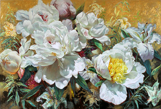 Zoe Feng flower paintings, illusion of white, oil on board